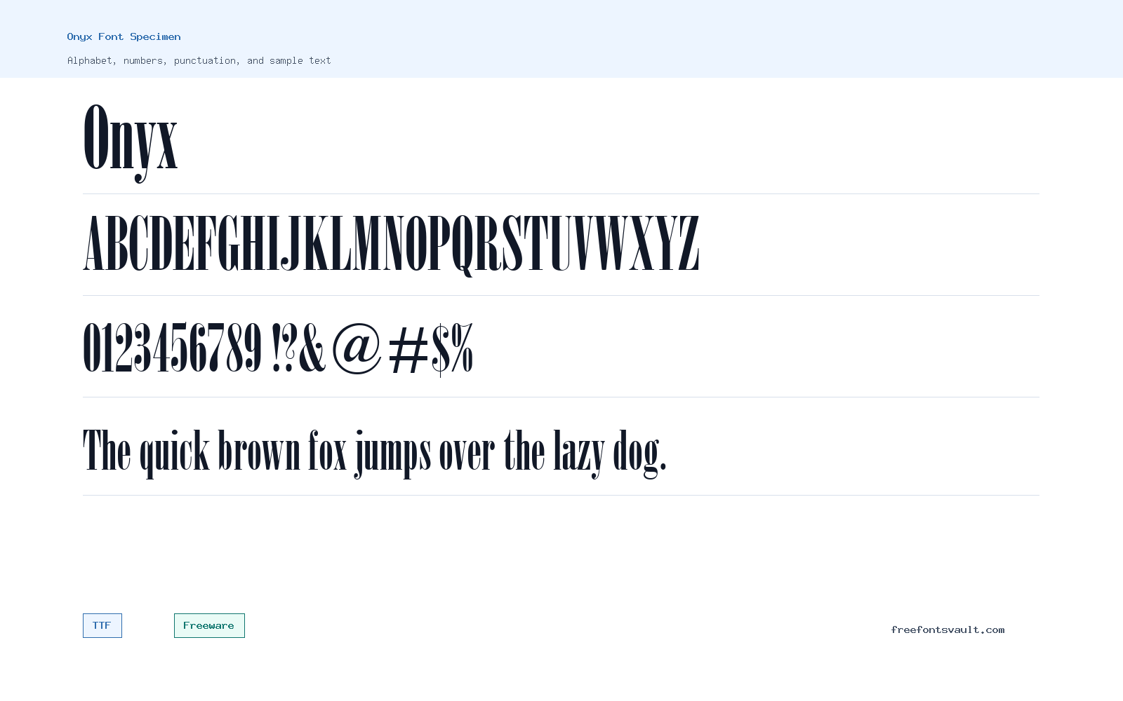 Onyx font specimen showing alphabet, numbers, and sample text