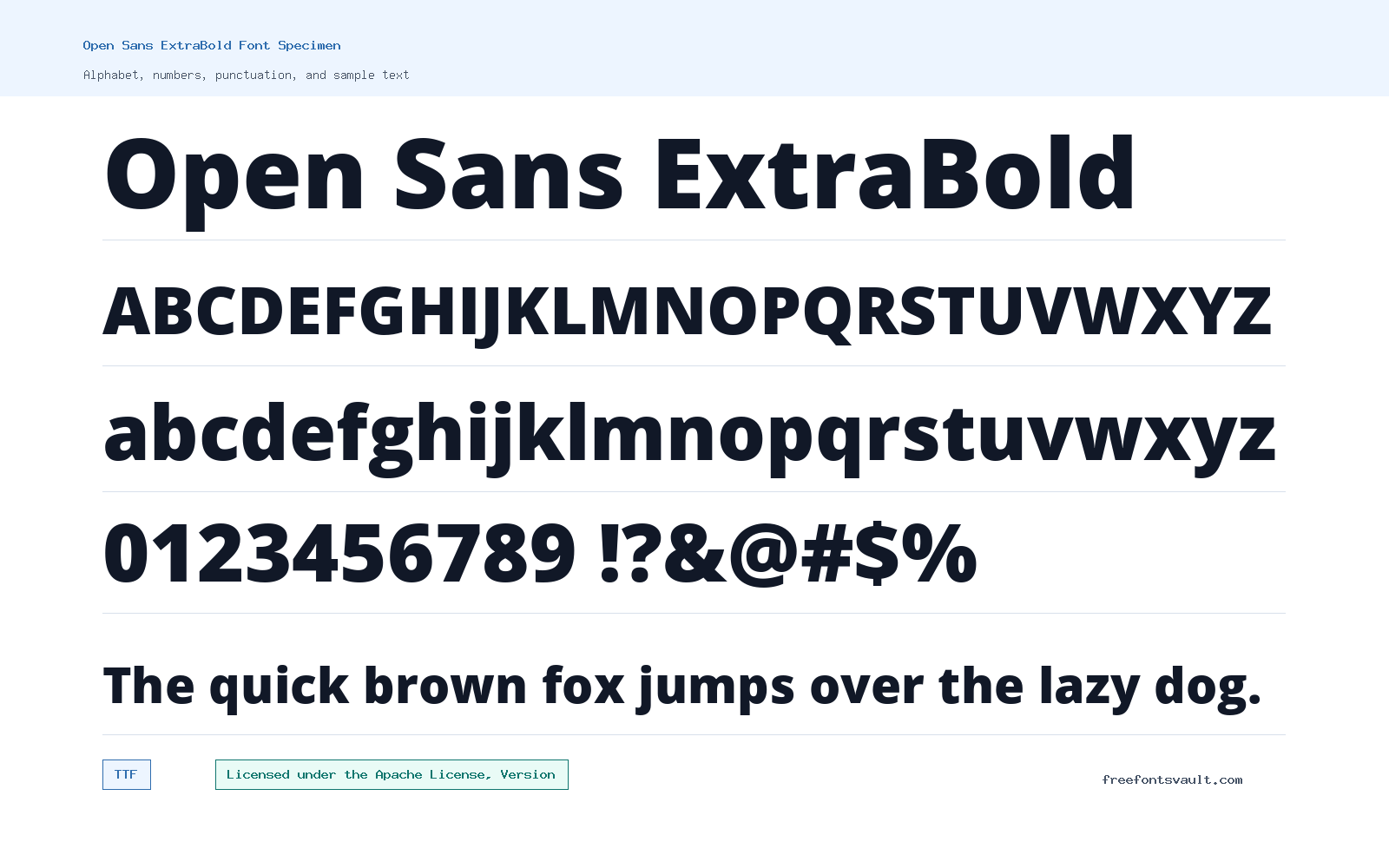 Open Sans ExtraBold font specimen showing alphabet, numbers, and sample text