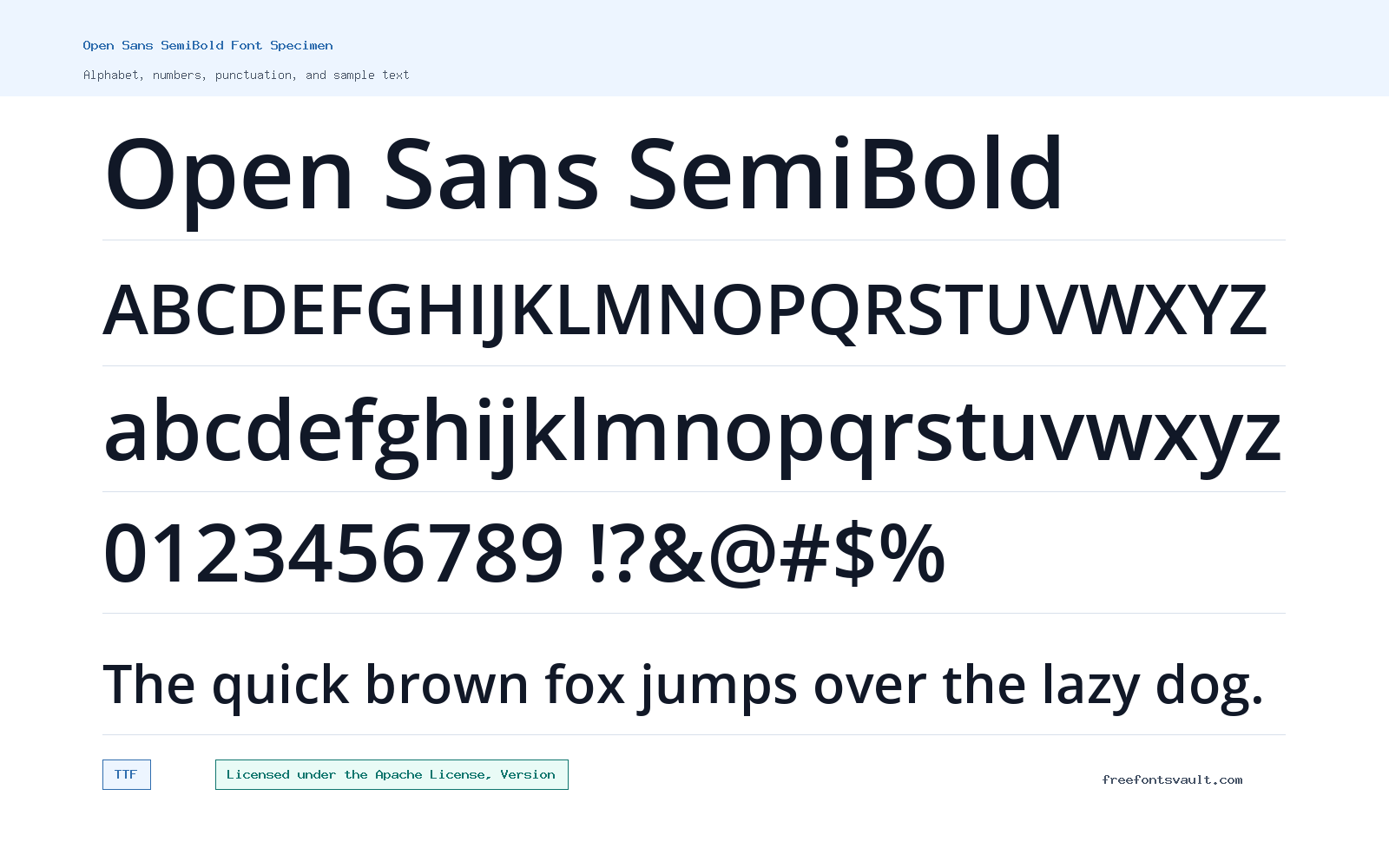 Open Sans SemiBold font specimen showing alphabet, numbers, and sample text