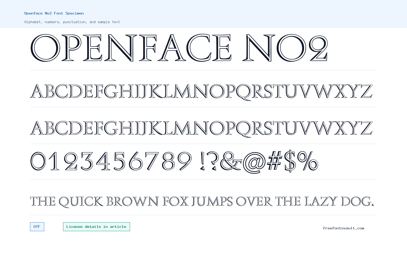 Openface No2 font specimen showing alphabet, numbers, and sample text