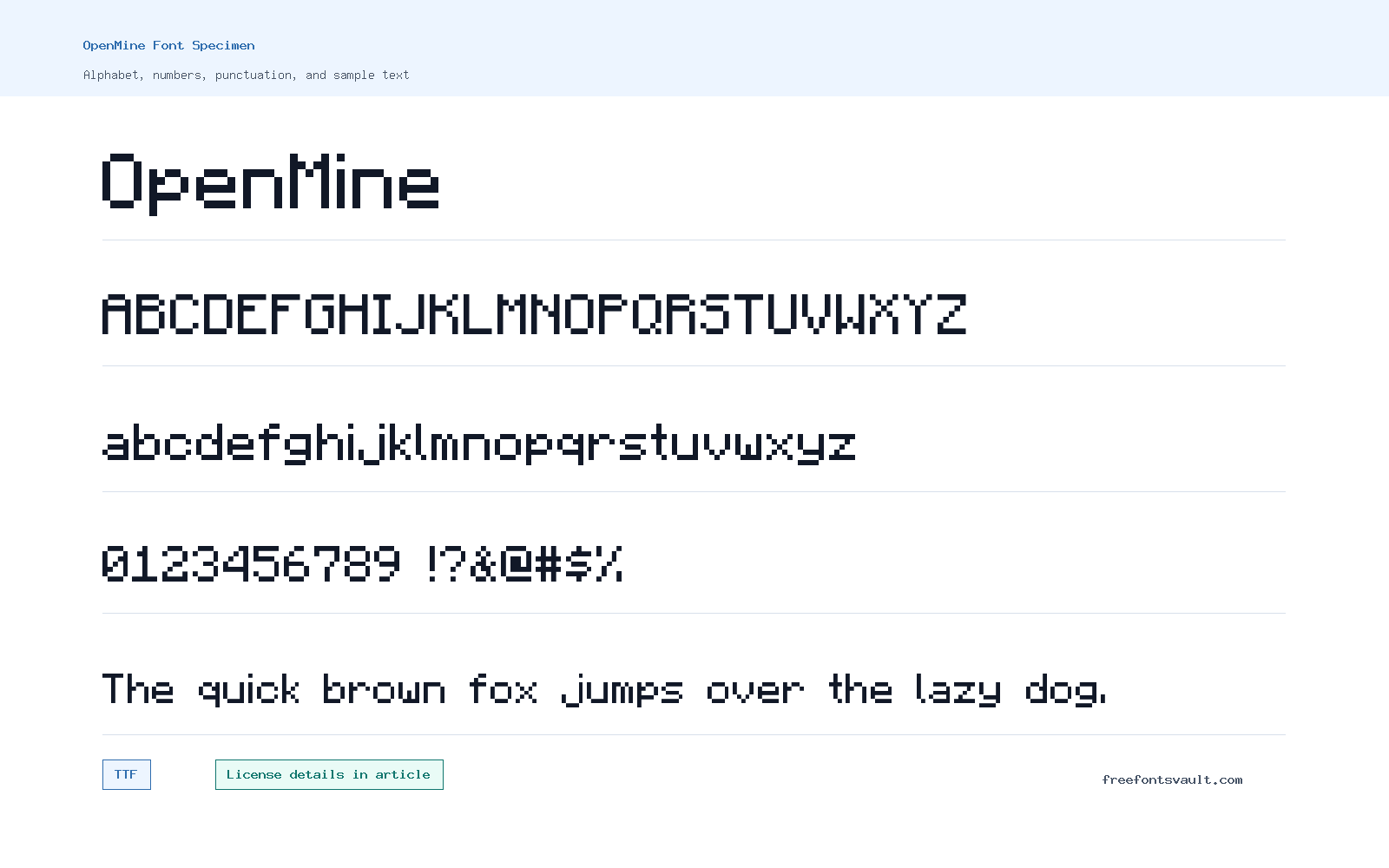 OpenMine font specimen showing alphabet, numbers, and sample text