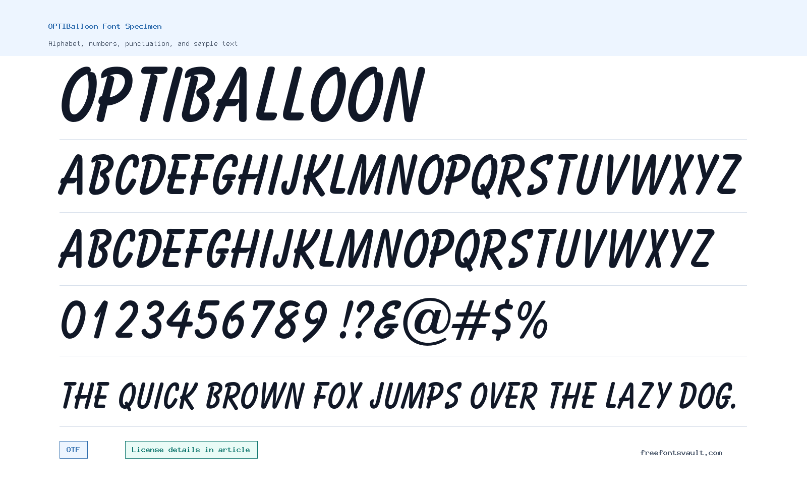 OPTIBalloon font specimen showing alphabet, numbers, and sample text