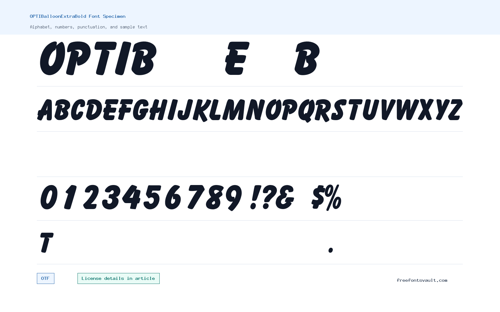 OPTIBalloonExtraBold font specimen showing alphabet, numbers, and sample text