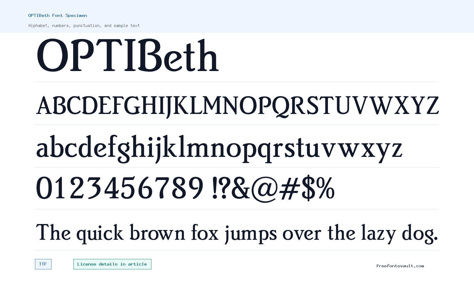 OPTIBeth font specimen showing alphabet, numbers, and sample text