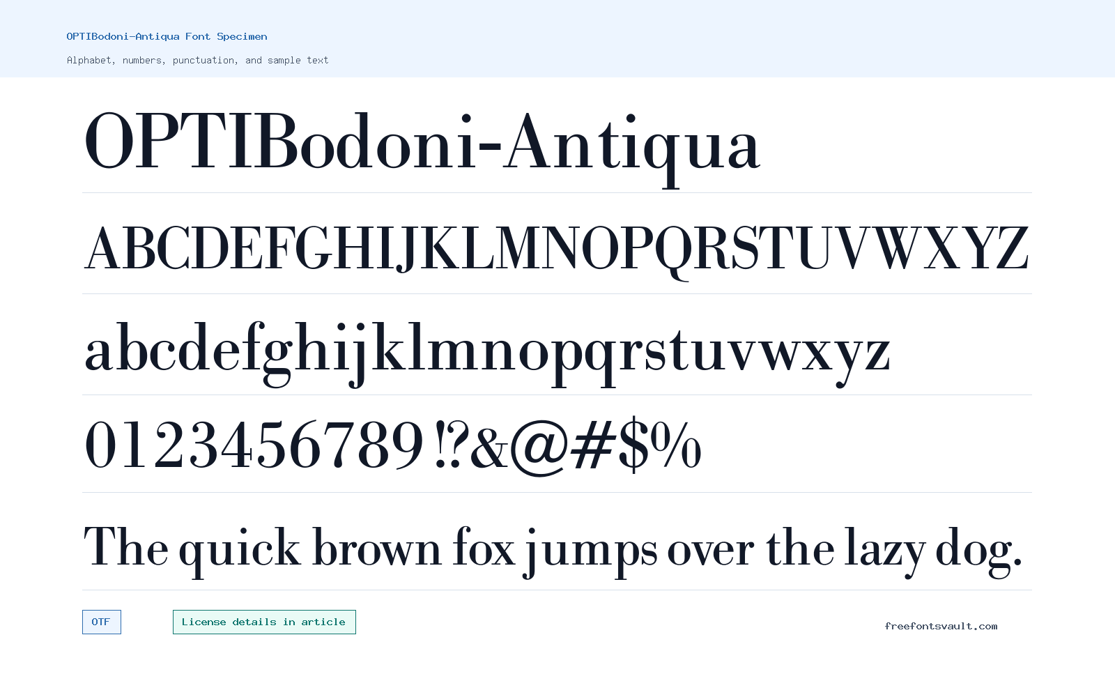 OPTIBodoni-Antiqua font specimen showing alphabet, numbers, and sample text