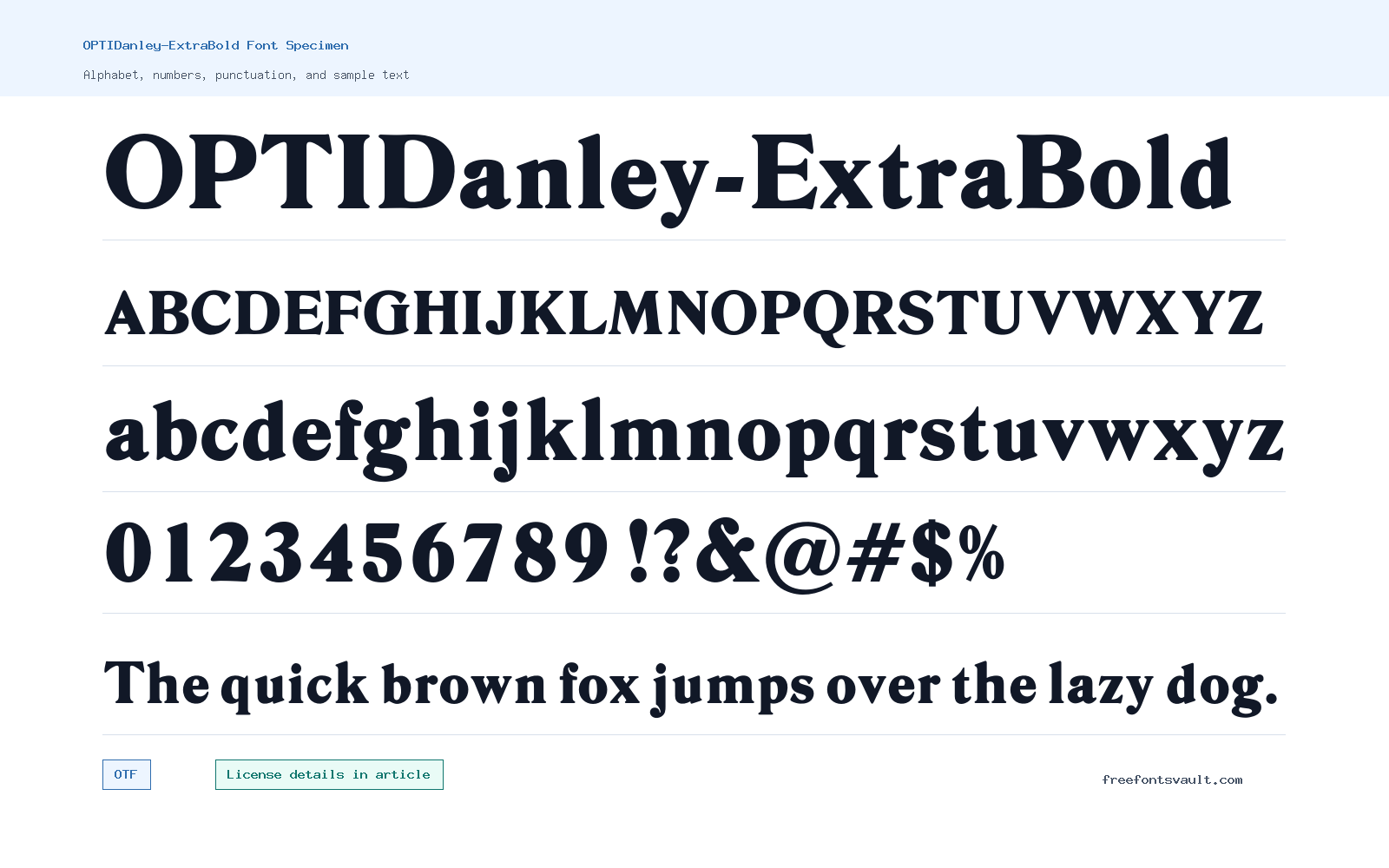 OPTIDanley-ExtraBold font specimen showing alphabet, numbers, and sample text