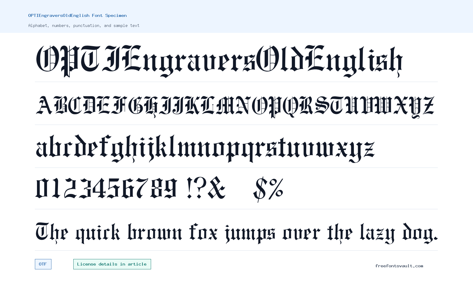 OPTIEngraversOldEnglish font specimen showing alphabet, numbers, and sample text