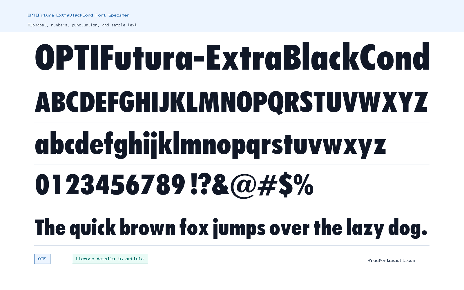OPTIFutura-ExtraBlackCond font specimen showing alphabet, numbers, and sample text