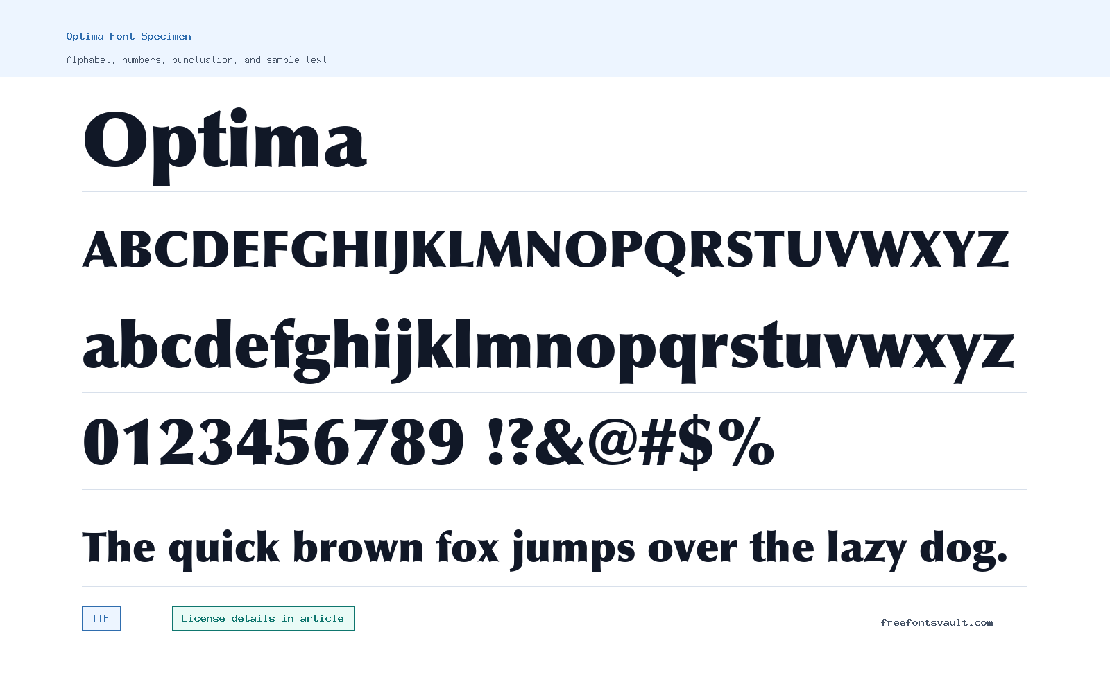Optima font specimen showing alphabet, numbers, and sample text