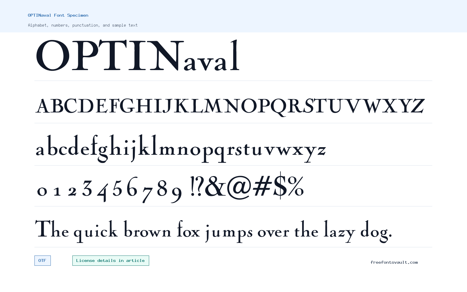 OPTINaval font specimen showing alphabet, numbers, and sample text