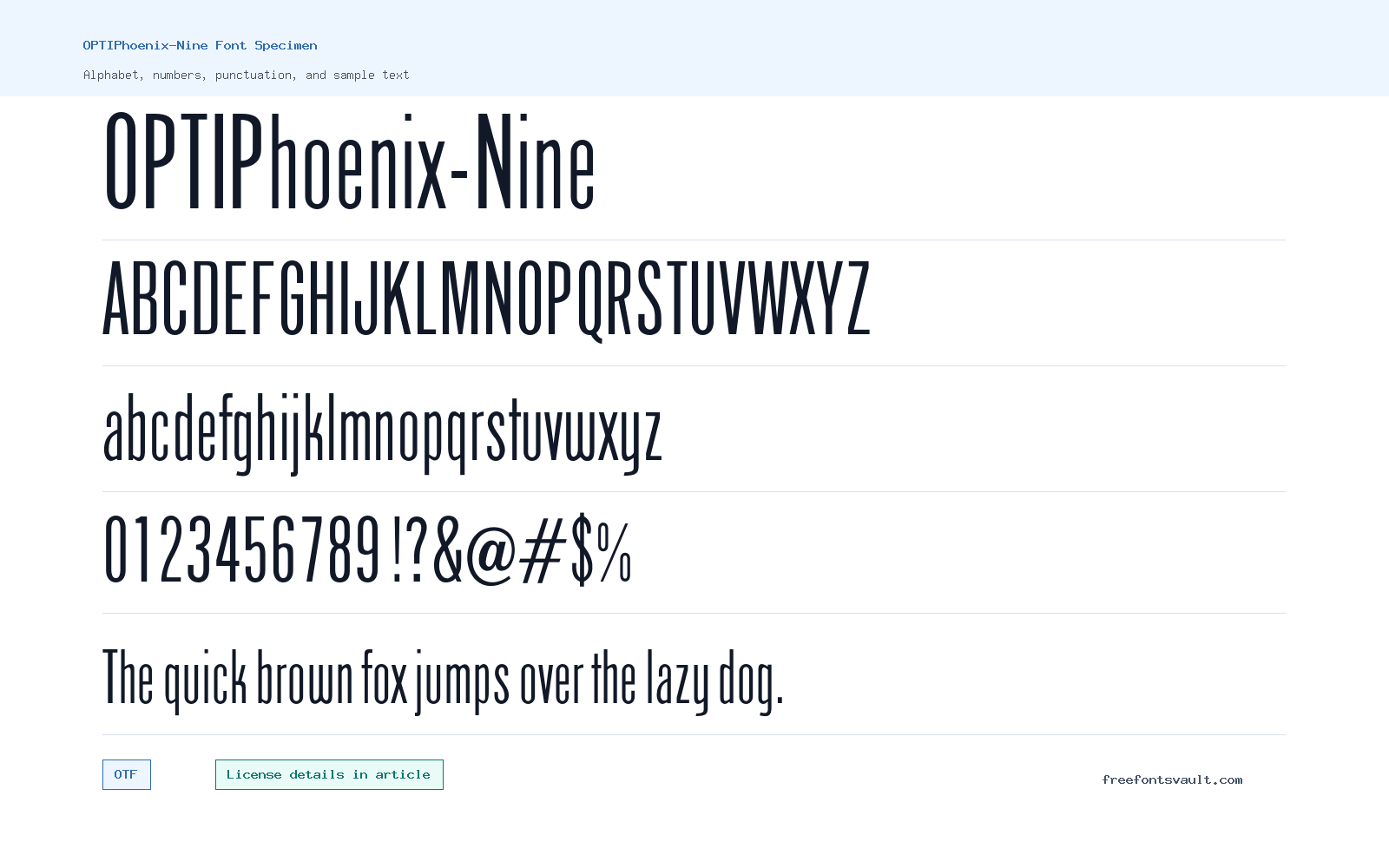 OPTIPhoenix-Nine font specimen showing alphabet, numbers, and sample text