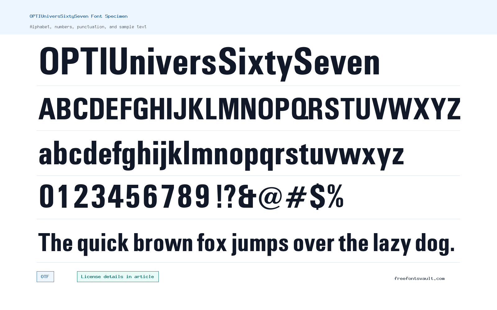OPTIUniversSixtySeven font specimen showing alphabet, numbers, and sample text