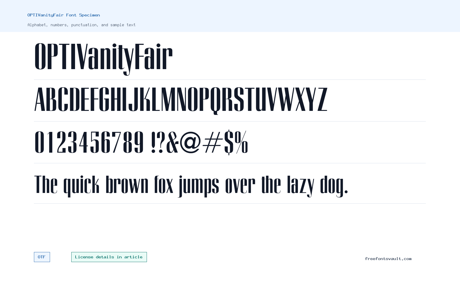 OPTIVanityFair font specimen showing alphabet, numbers, and sample text