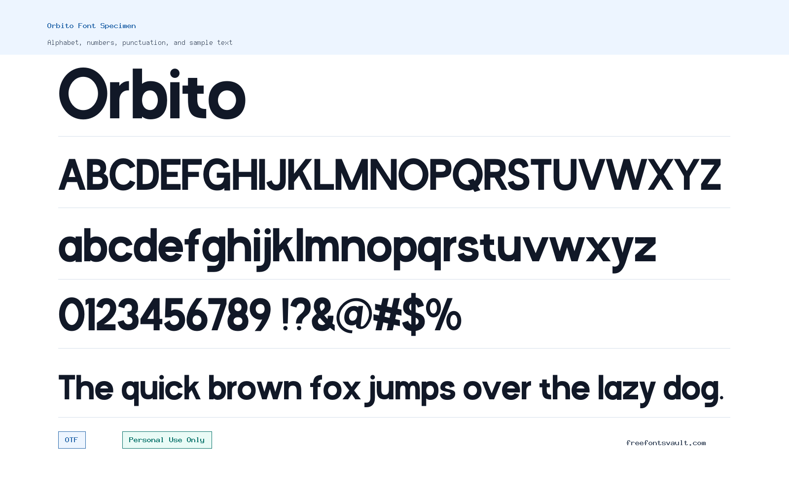 Orbito font specimen showing alphabet, numbers, and sample text