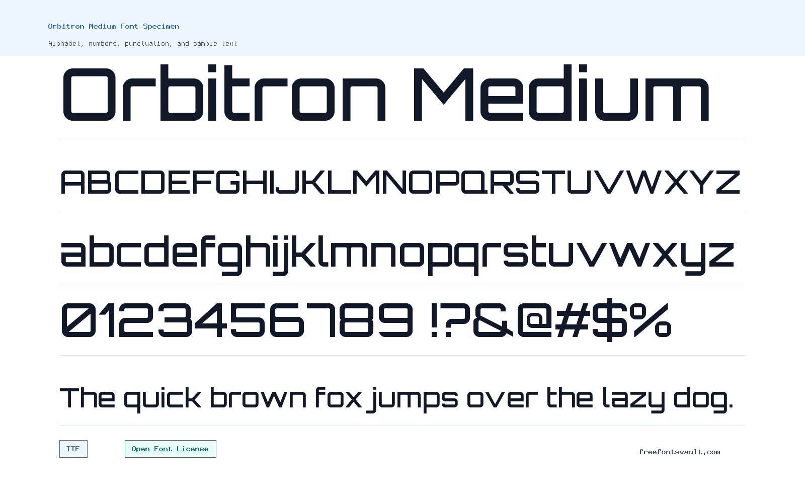 Orbitron Medium font specimen showing alphabet, numbers, and sample text