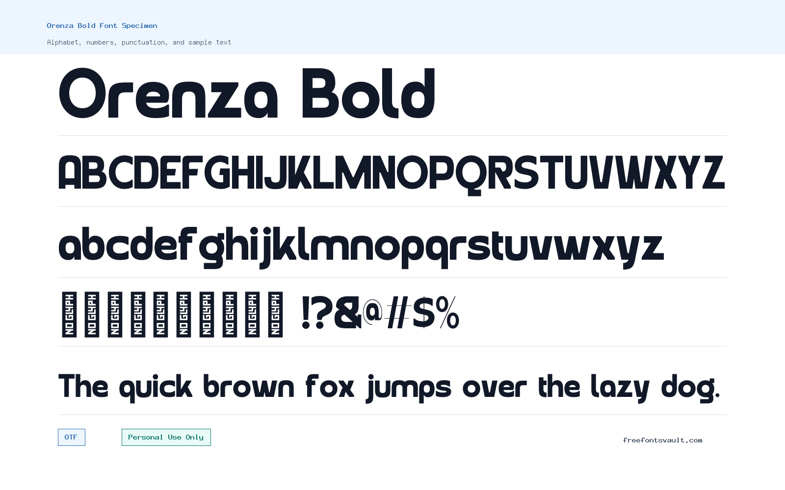 Orenza Bold font specimen showing alphabet, numbers, and sample text