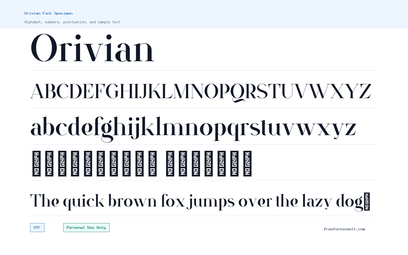 Orivian font specimen showing alphabet, numbers, and sample text