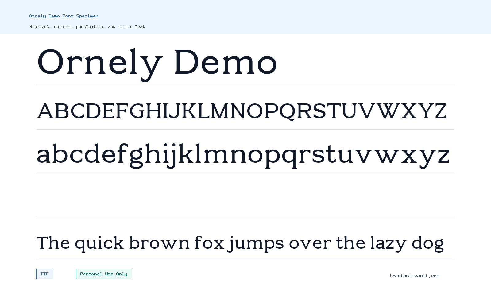 Ornely Demo font specimen showing alphabet, numbers, and sample text