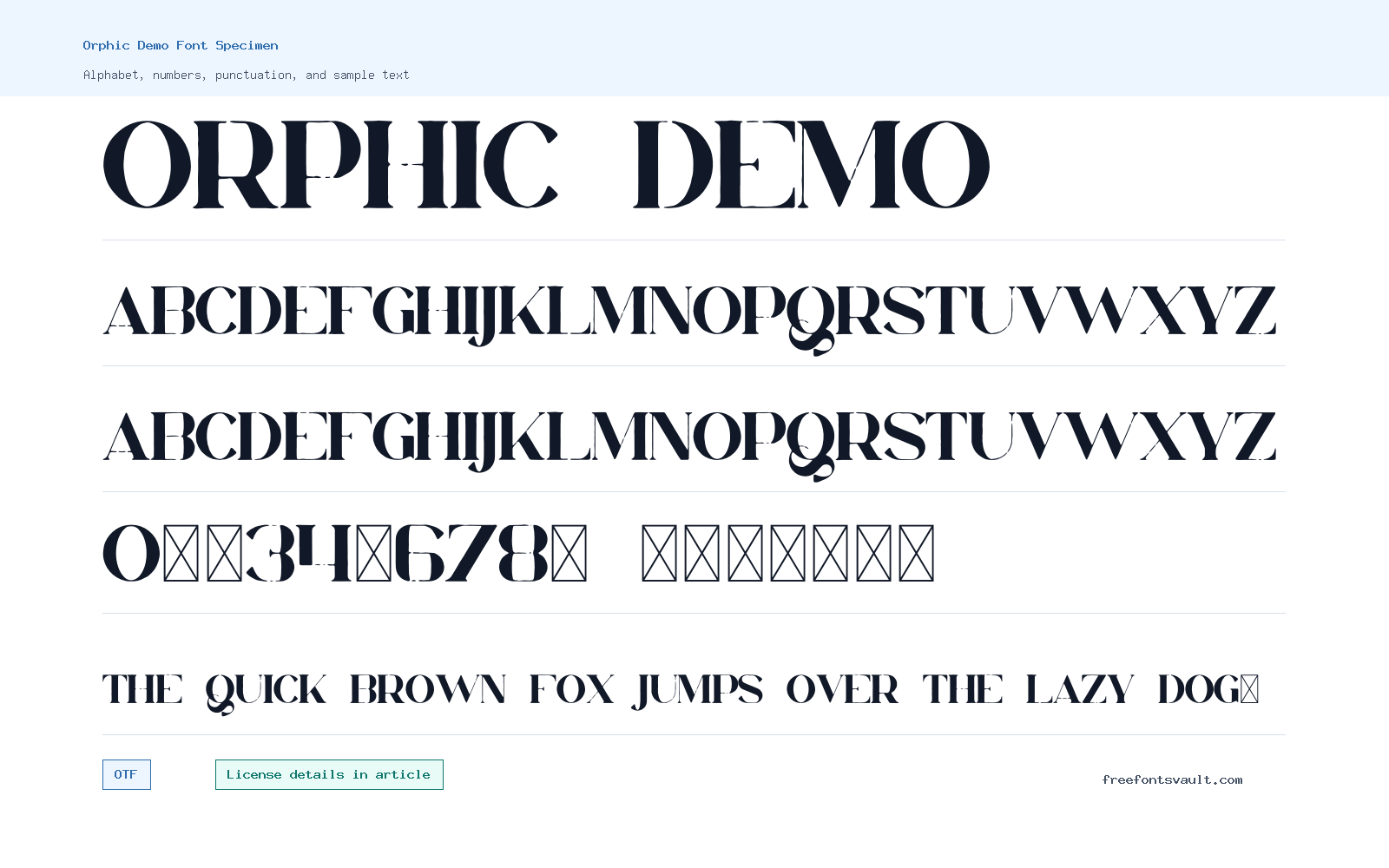 Orphic Demo font specimen showing alphabet, numbers, and sample text