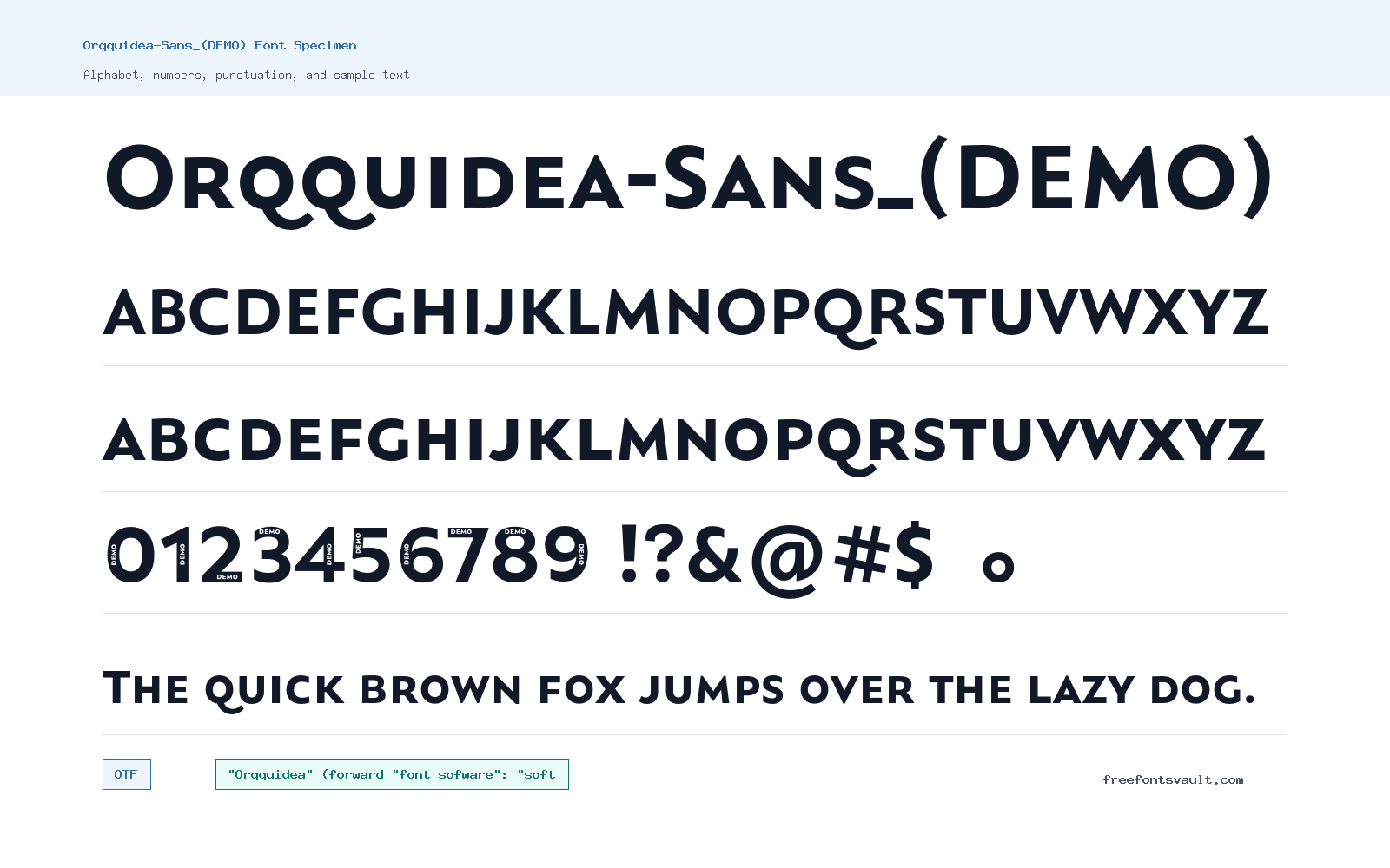 Orqquidea-Sans_(DEMO) font specimen showing alphabet, numbers, and sample text