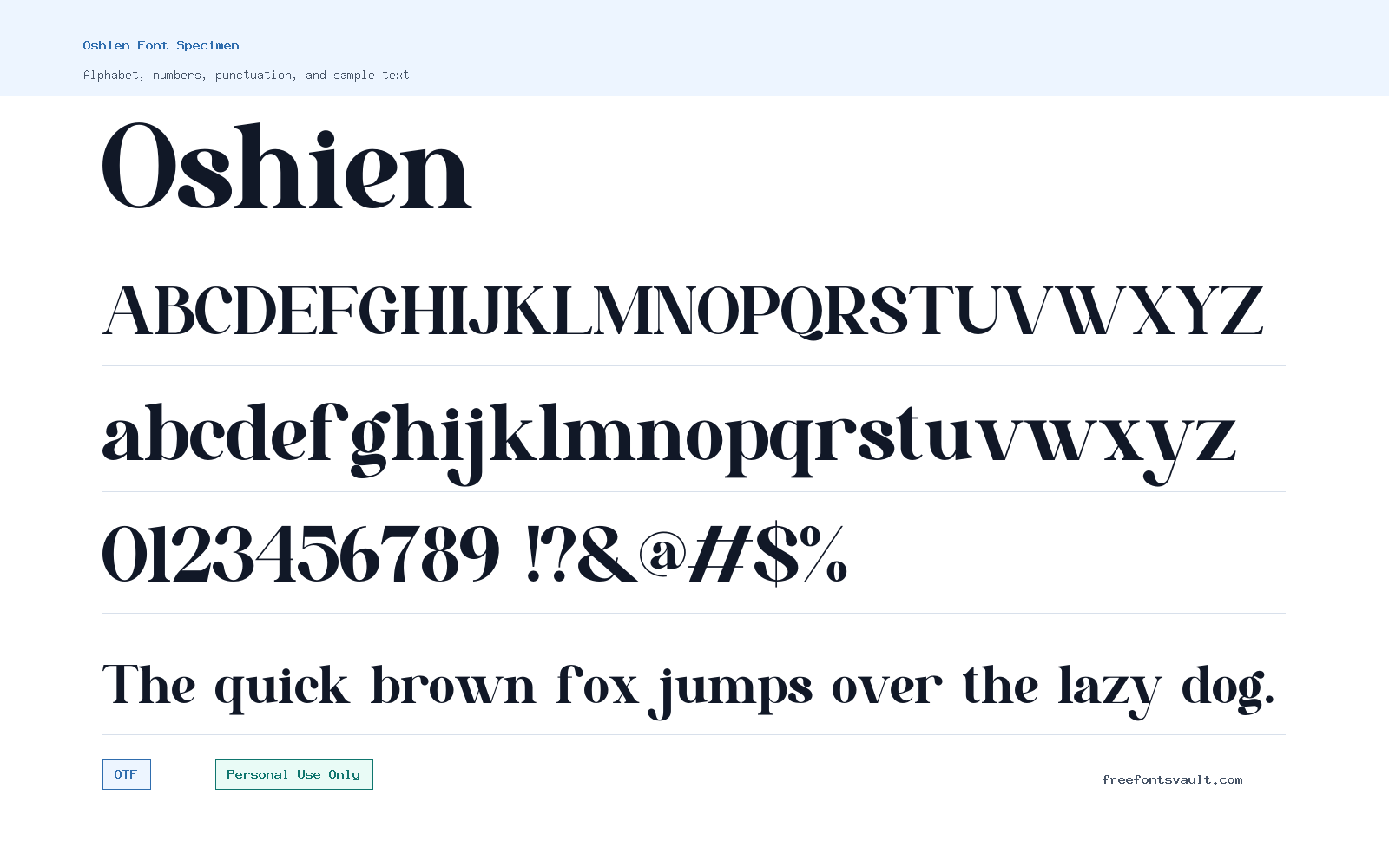 Oshien font specimen showing alphabet, numbers, and sample text