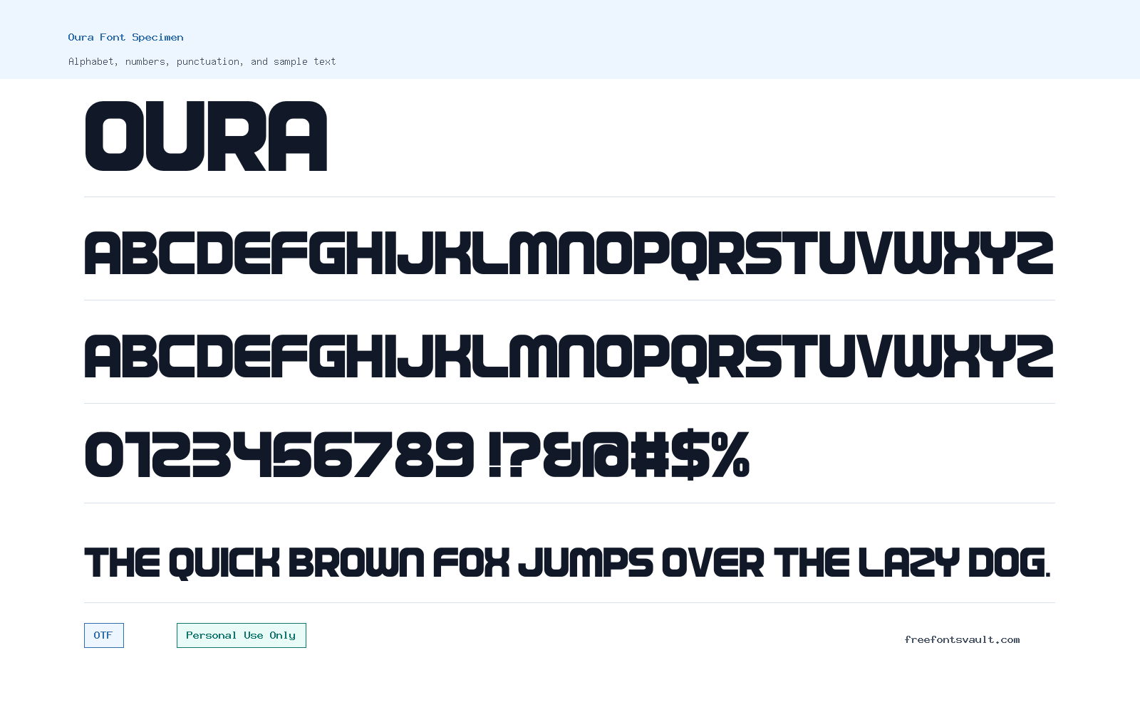 Oura font specimen showing alphabet, numbers, and sample text