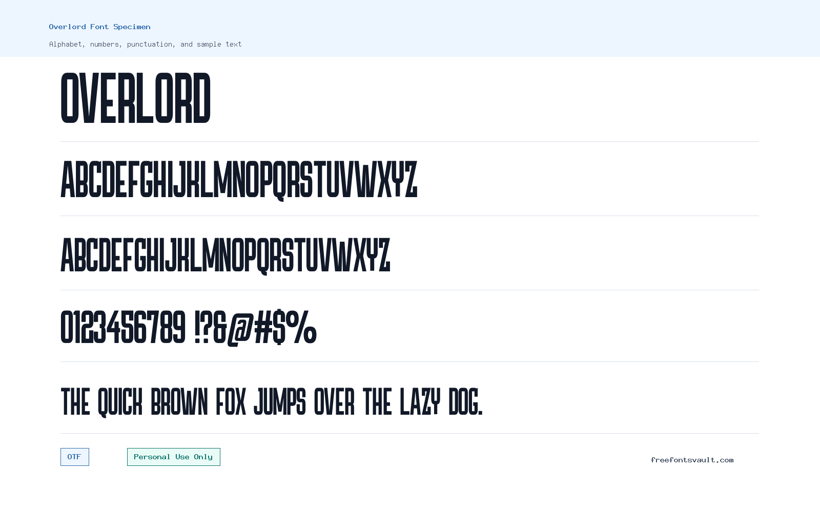 Overlord font specimen showing alphabet, numbers, and sample text
