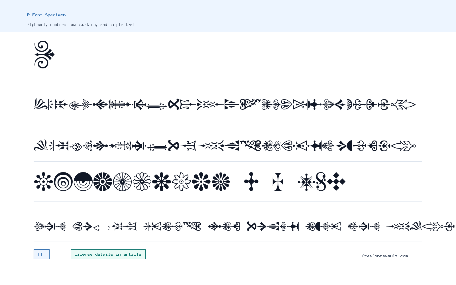 P font specimen showing alphabet, numbers, and sample text