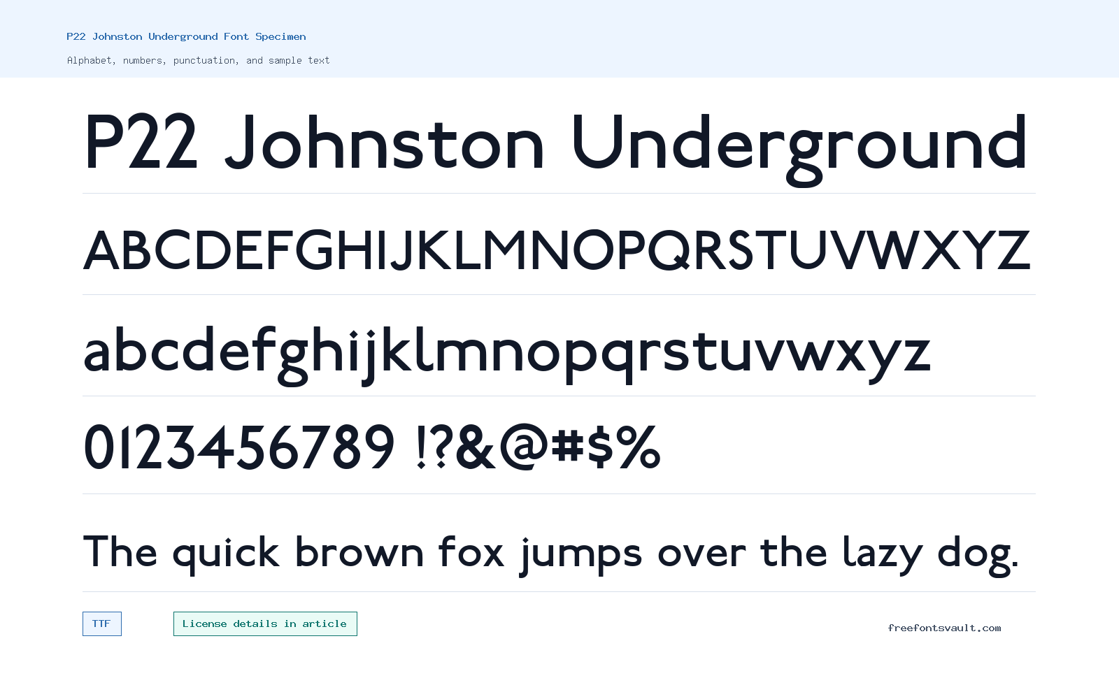 P22 Johnston Underground font specimen showing alphabet, numbers, and sample text