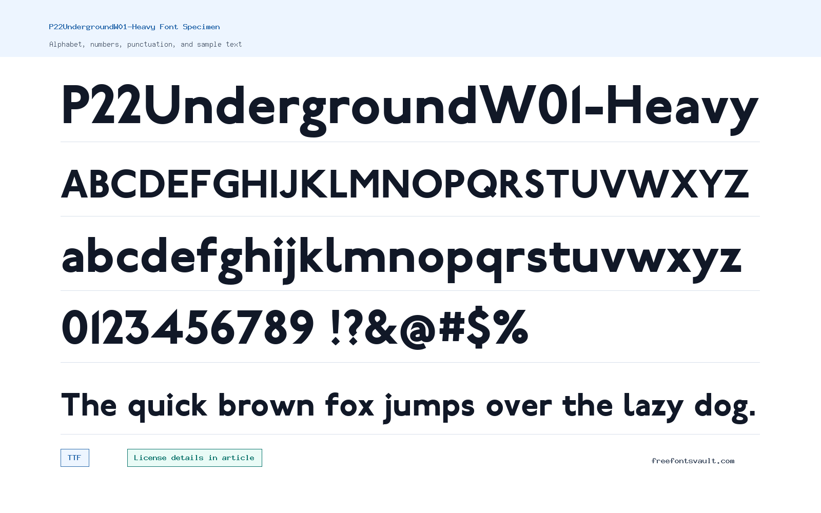 P22UndergroundW01-Heavy font specimen showing alphabet, numbers, and sample text