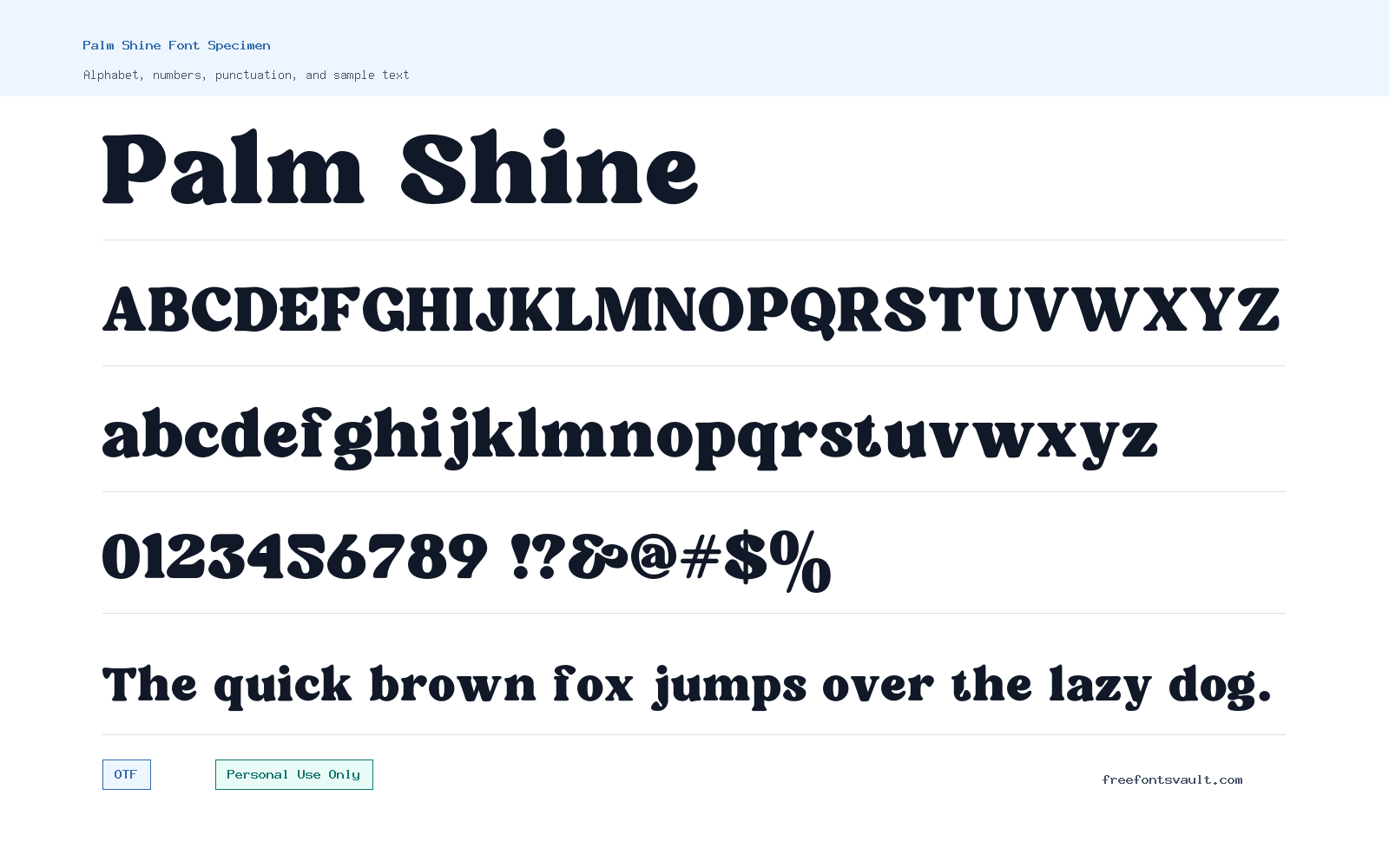 Palm Shine font specimen showing alphabet, numbers, and sample text