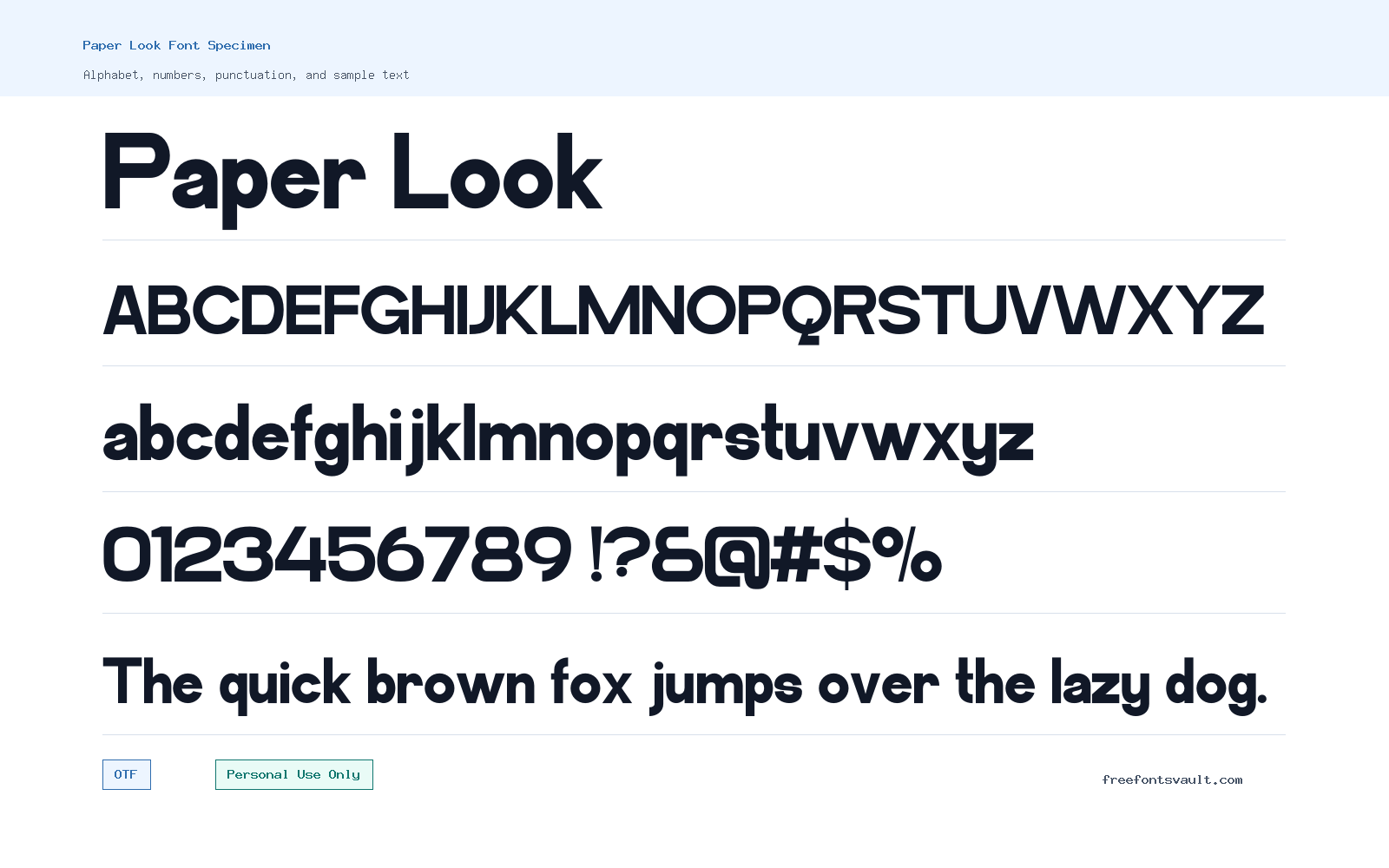 Paper Look font specimen showing alphabet, numbers, and sample text