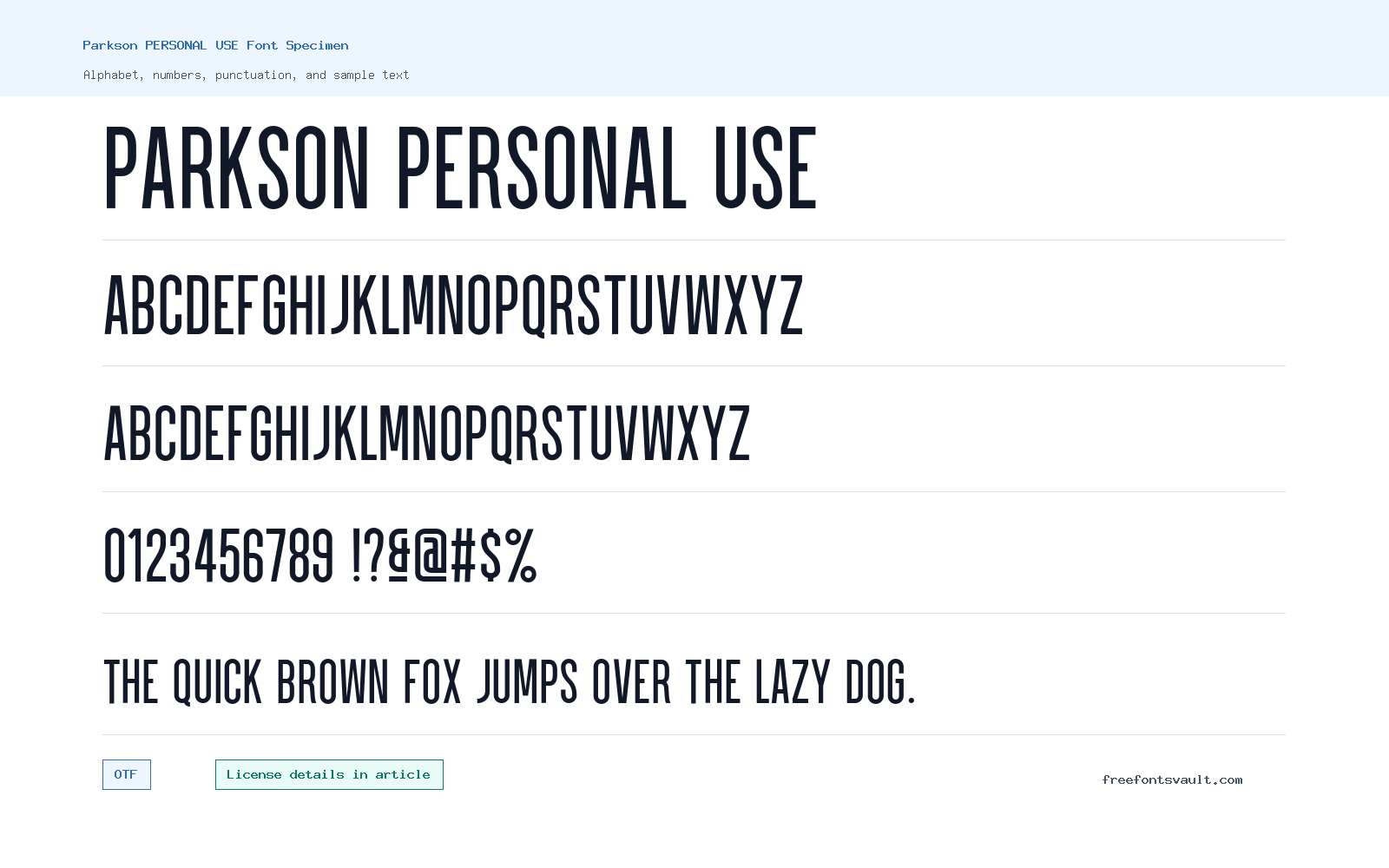Parkson PERSONAL USE font specimen showing alphabet, numbers, and sample text