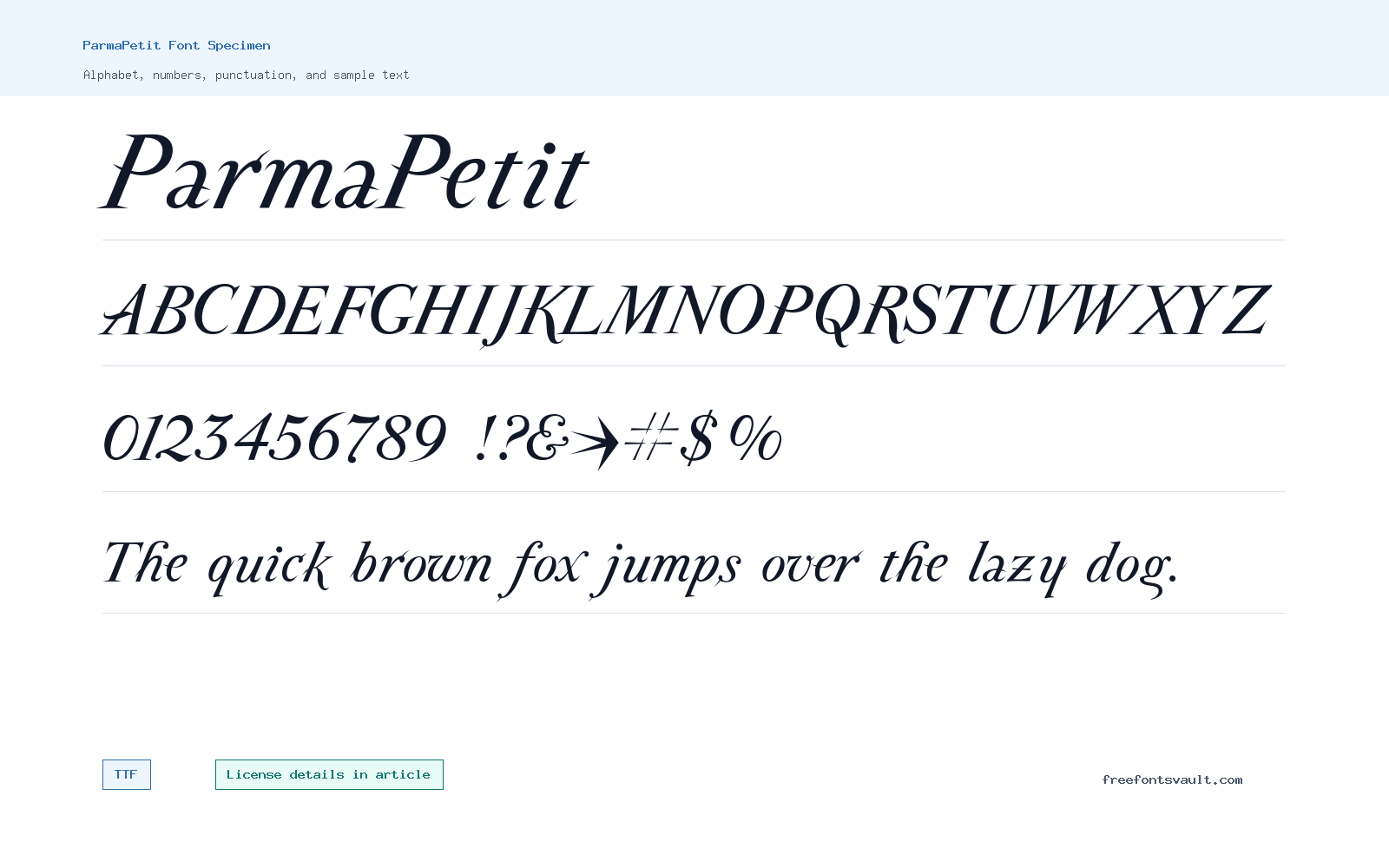 ParmaPetit font specimen showing alphabet, numbers, and sample text