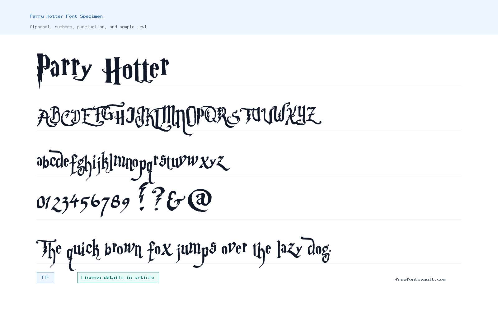 Parry Hotter font specimen showing alphabet, numbers, and sample text