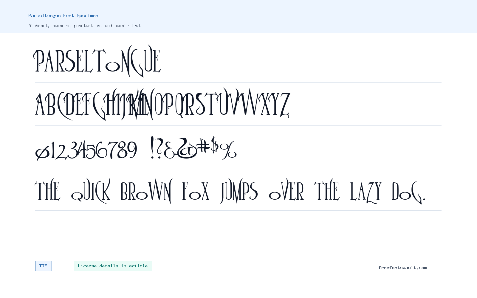 Parseltongue font specimen showing alphabet, numbers, and sample text