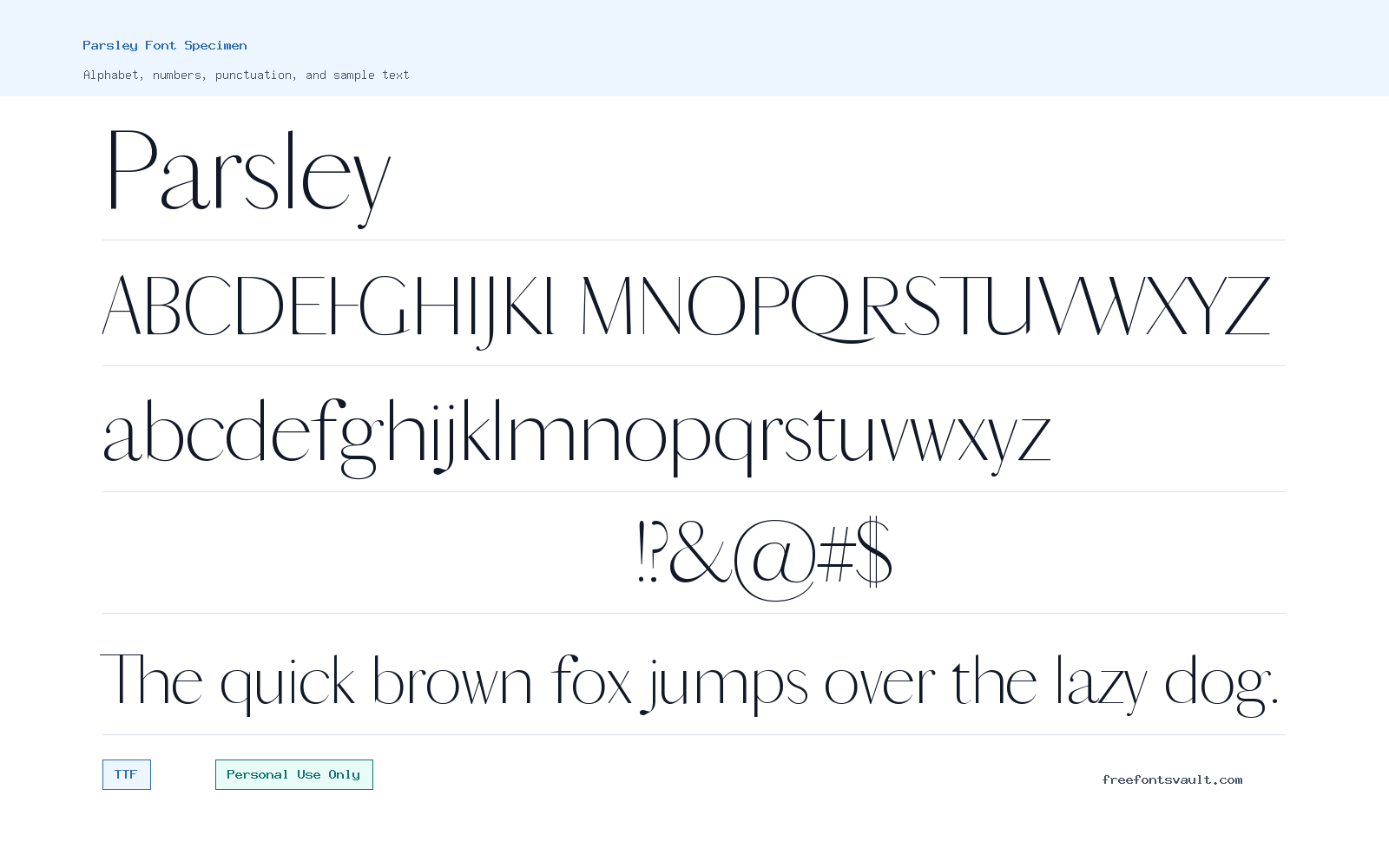 Parsley font specimen showing alphabet, numbers, and sample text