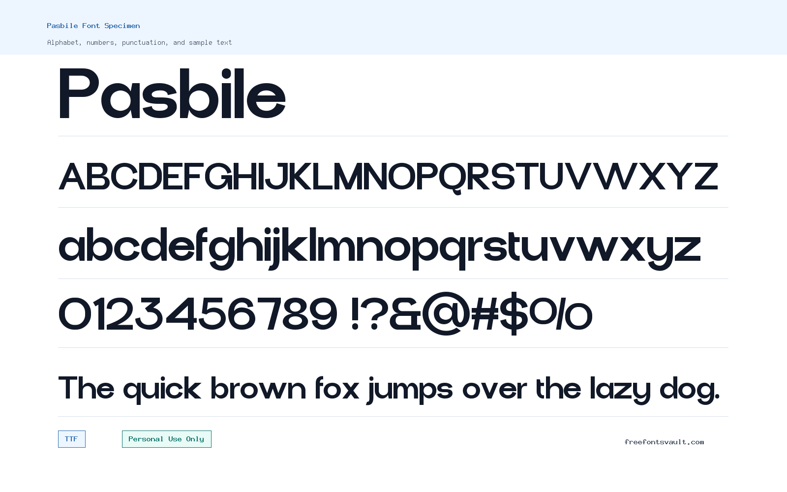 Pasbile font specimen showing alphabet, numbers, and sample text