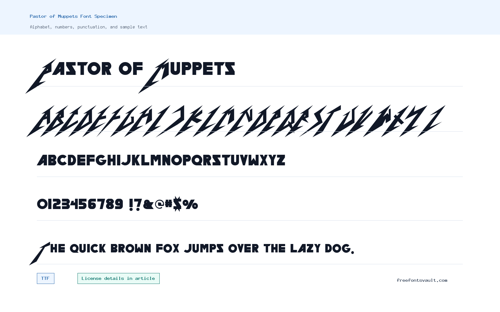 Pastor of Muppets font specimen showing alphabet, numbers, and sample text