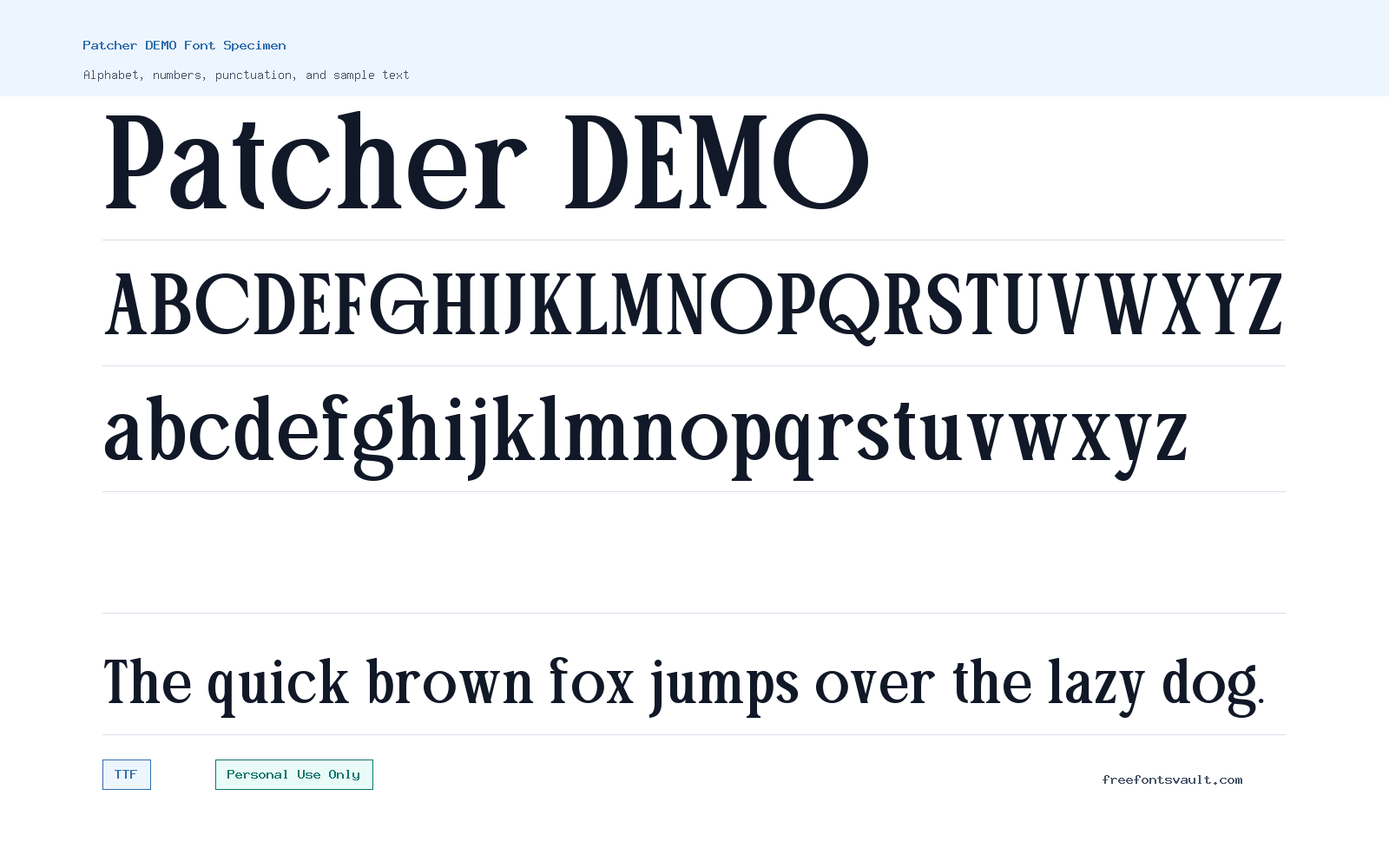 Patcher DEMO font specimen showing alphabet, numbers, and sample text