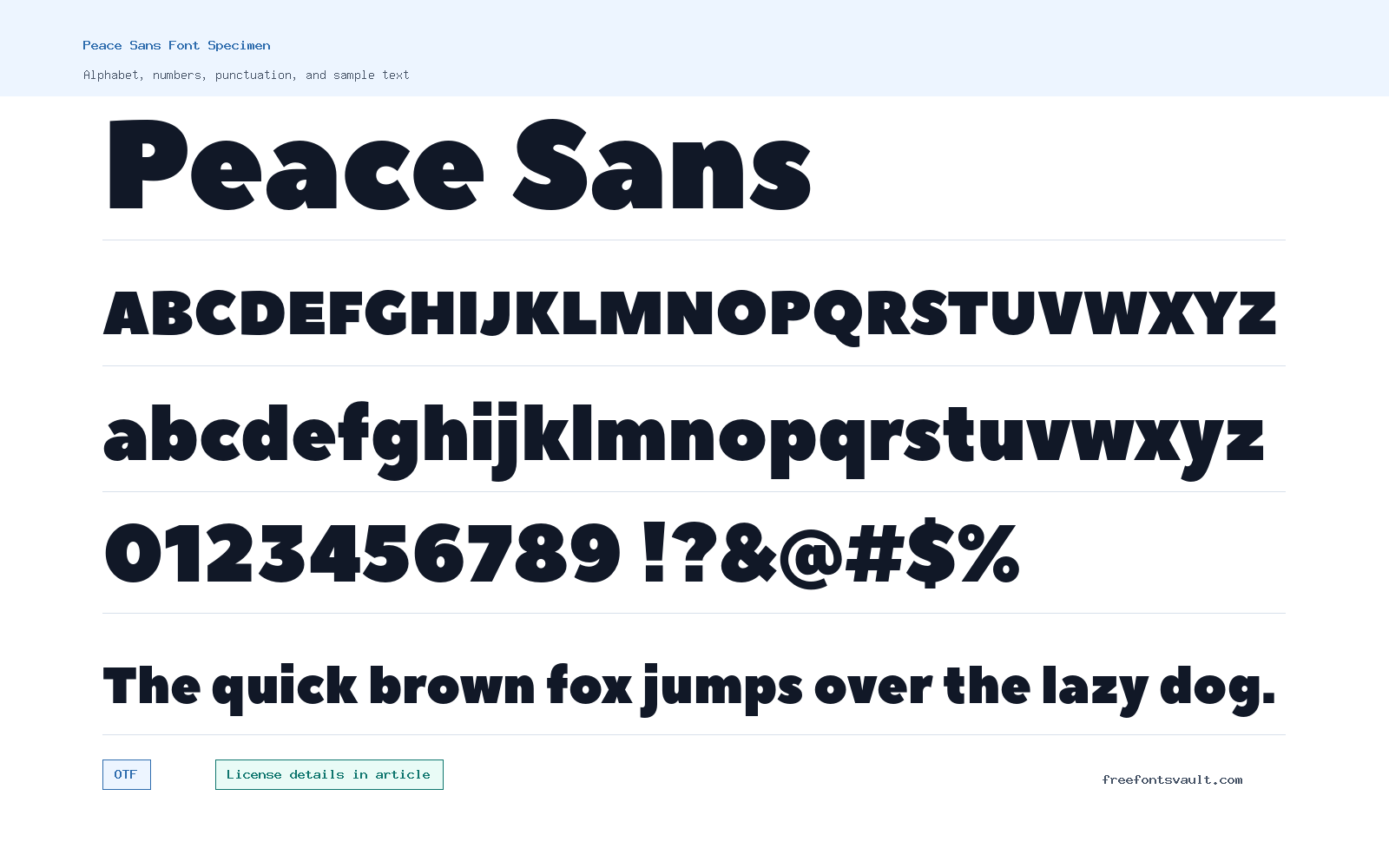 Peace Sans font specimen showing alphabet, numbers, and sample text