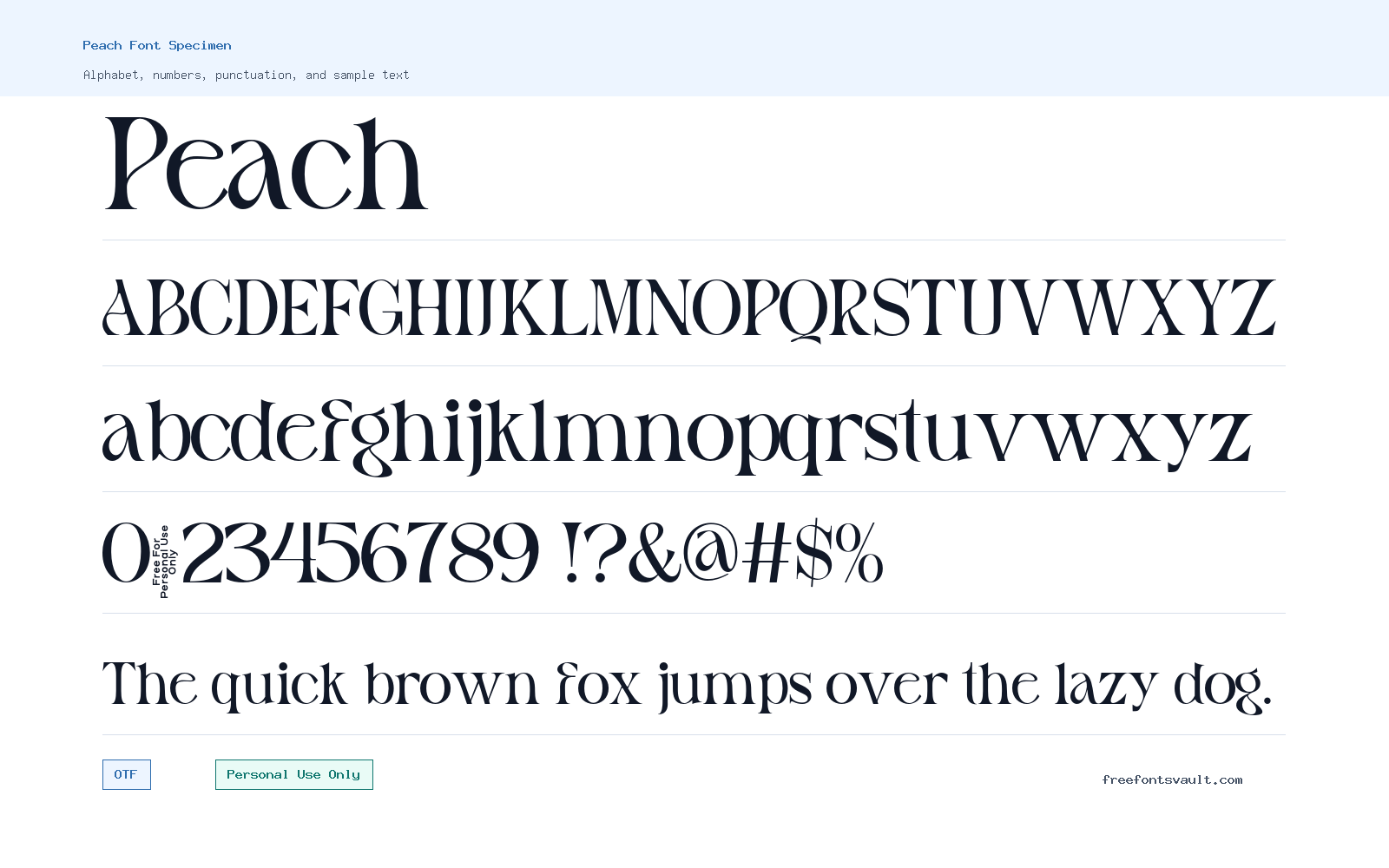 Peach font specimen showing alphabet, numbers, and sample text