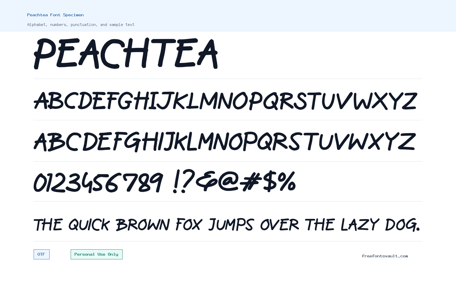 Peachtea font specimen showing alphabet, numbers, and sample text