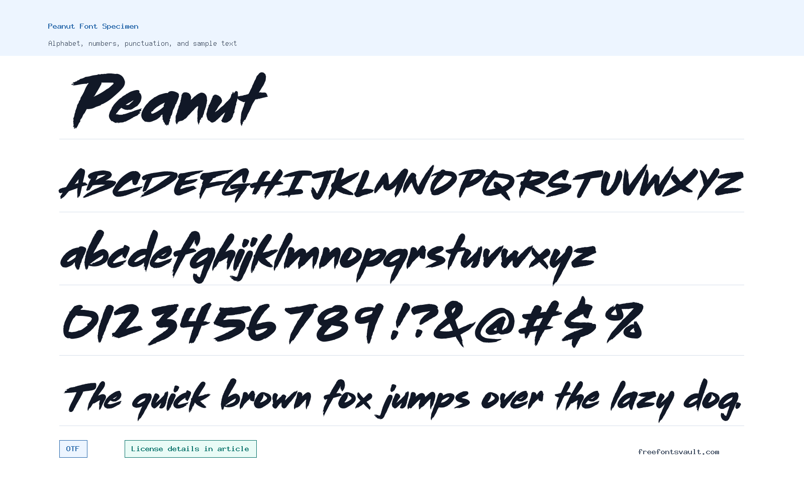 Peanut font specimen showing alphabet, numbers, and sample text