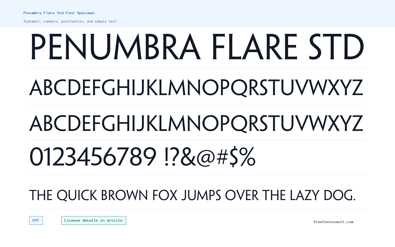 Penumbra Flare Std font specimen showing alphabet, numbers, and sample text