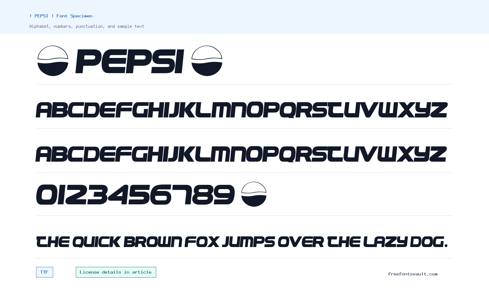 ! PEPSI ! font specimen showing alphabet, numbers, and sample text