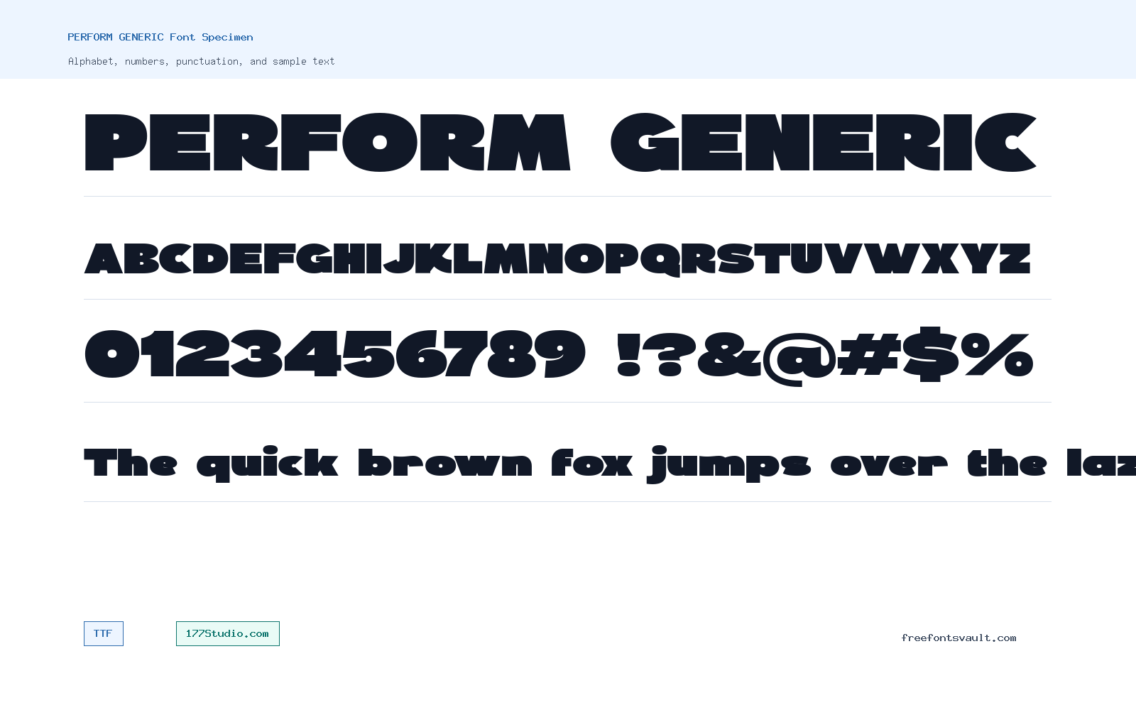 PERFORM GENERIC font specimen showing alphabet, numbers, and sample text