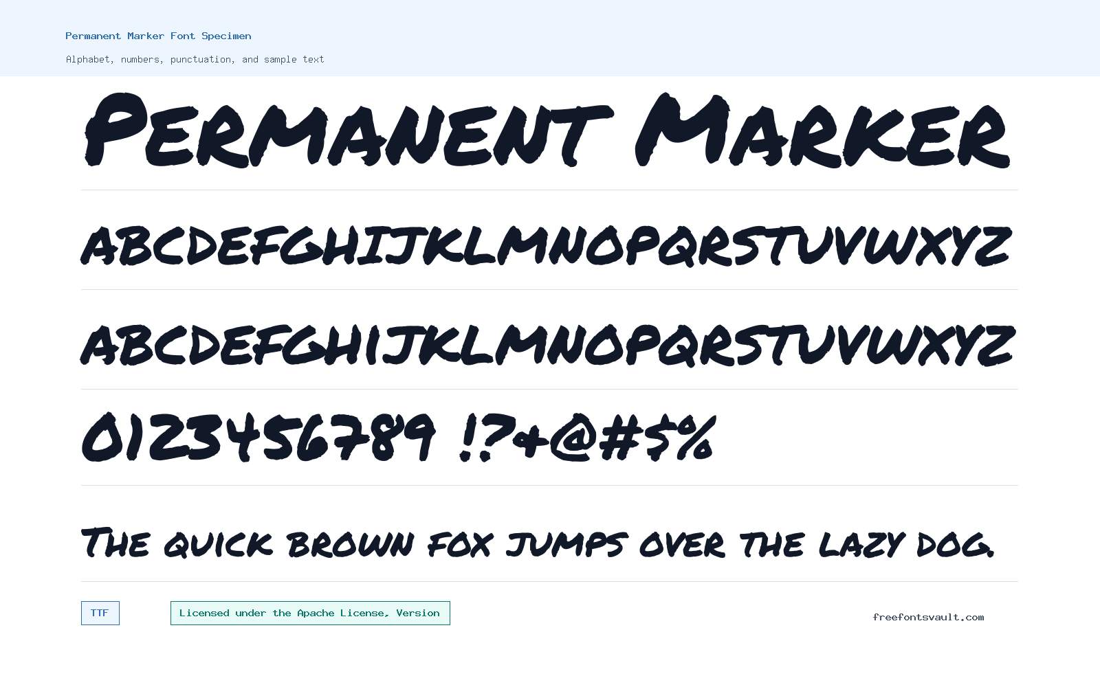 Permanent Marker font specimen showing alphabet, numbers, and sample text