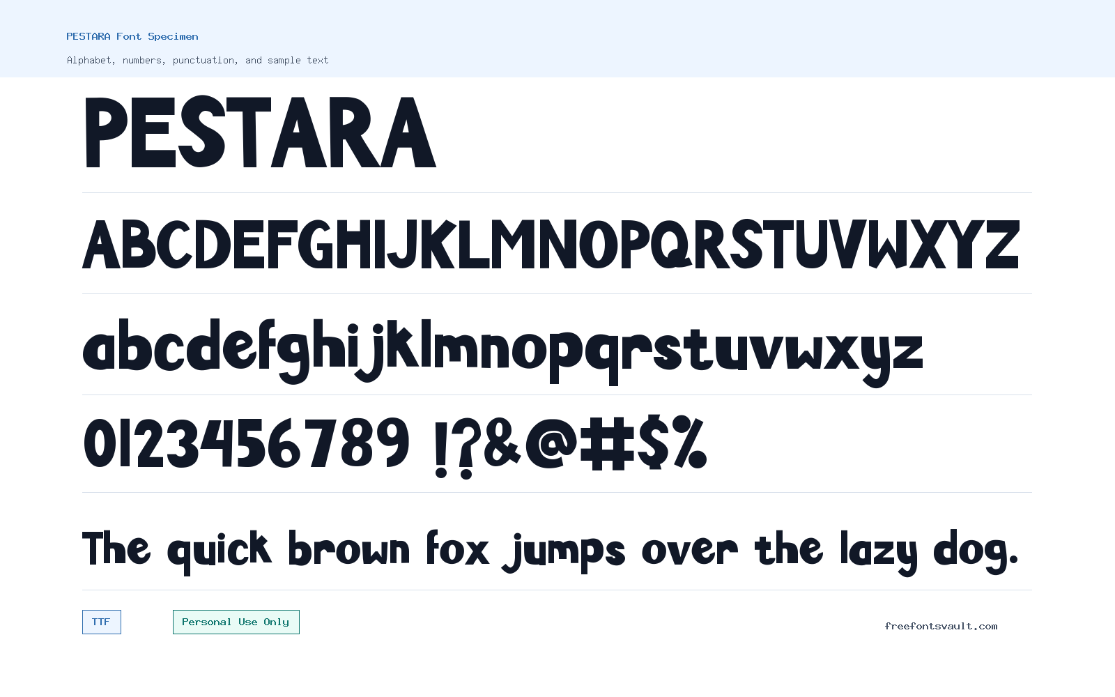 PESTARA font specimen showing alphabet, numbers, and sample text