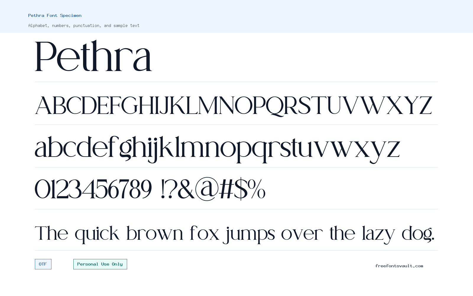 Pethra font specimen showing alphabet, numbers, and sample text
